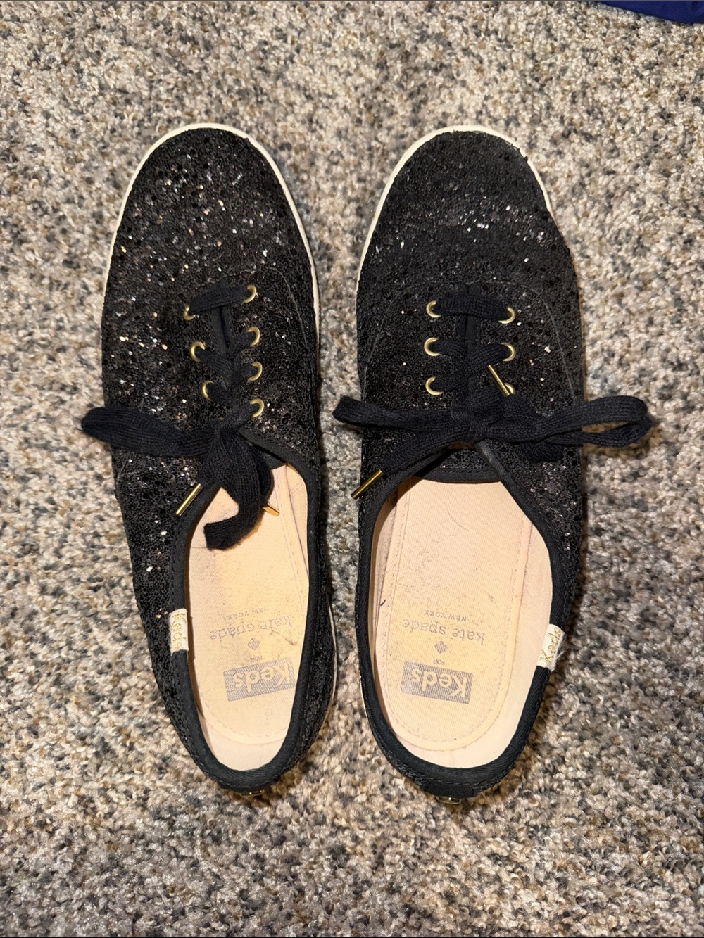 Keds Kate Spade Black Glitter Lace-Up Sneakers with Gold Accents